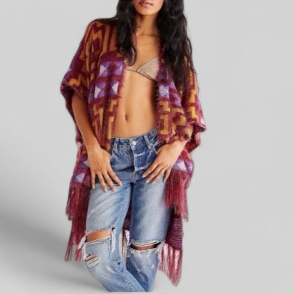 Free People Diamondback Cozy Kimono Poncho Soft Southwest Boho Purple Yellow OS - Picture 1 of 7